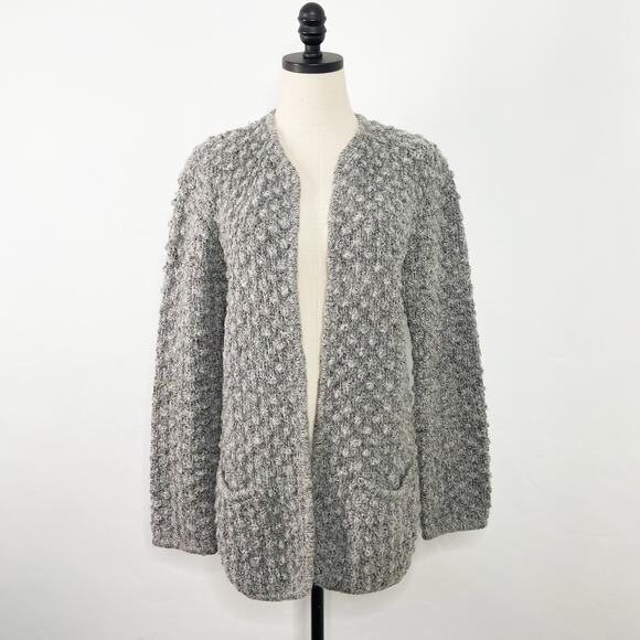 Vintage Le Roy Pom Pom Knit Cardigan Gray Wool Open Front Preppy Twee Size L - Picture 2 of 10